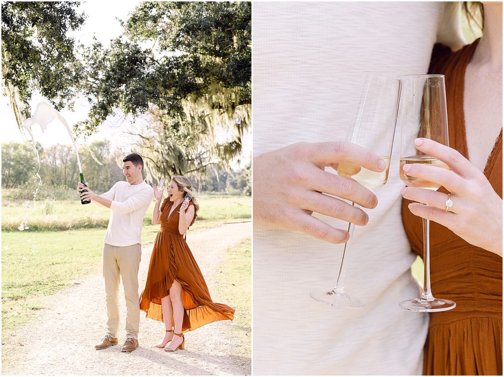 Champagne at Engagement session in Buffalo Bayou park in Houston, Texas by photographers Willow and Kameron Vogt