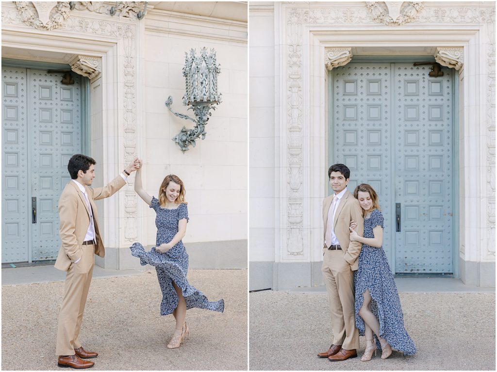 engagement session in front of blue door and european architecture with photographers Willow and Kameron