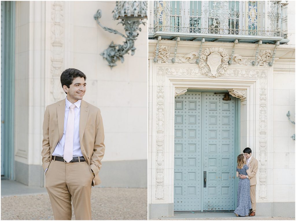 engagement session in front of blue door and european architecture with photographers Willow and Kameron