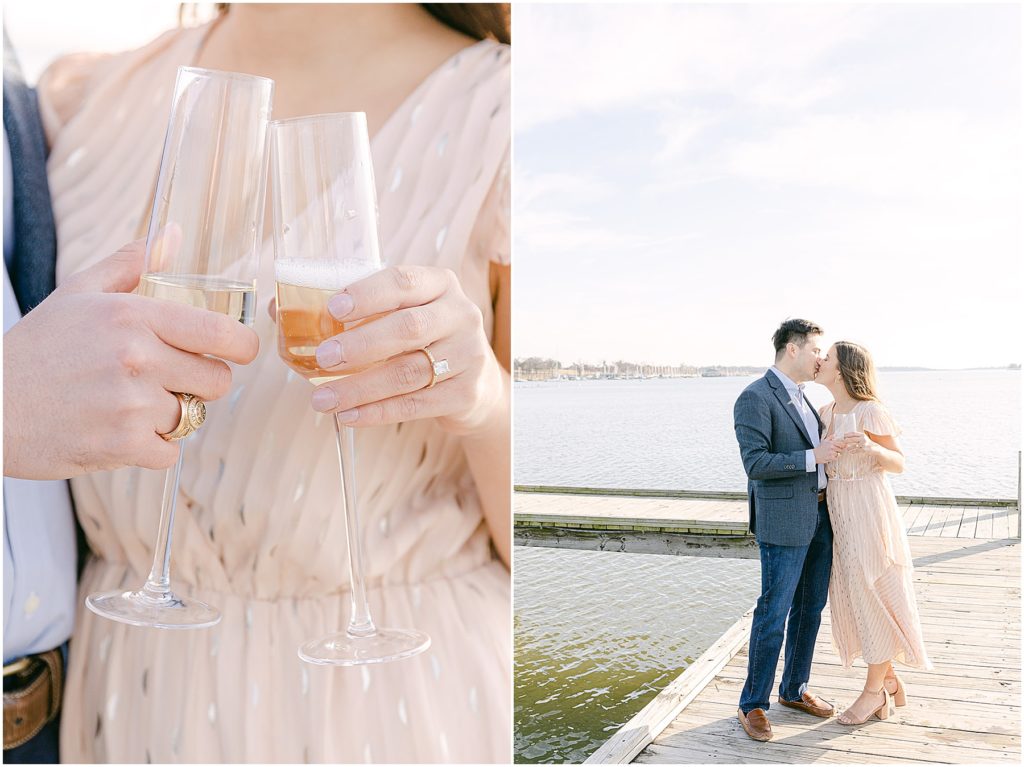 Champagne at Engagement session at white rock lake in dallas/ft. worth, texas with photographers Willow and Kameron Vogt